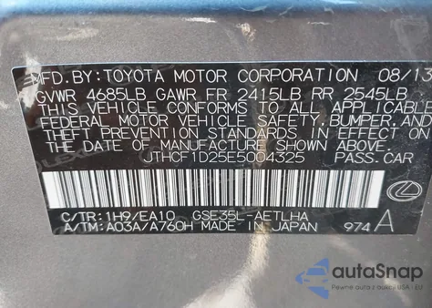 2014 Lexus Is 250 z USA, uszkodzony, nr VIN JTHCF1D25E5004325